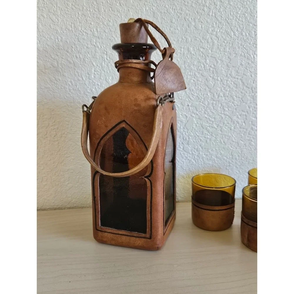 Vintage Leather Wrapped Amber Glass Decanter and 3 Shot Glasses Barware Set